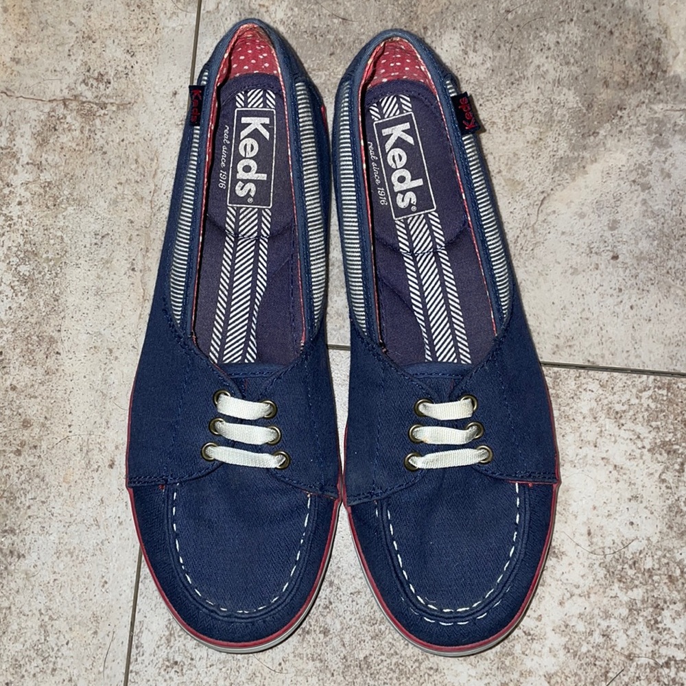 Red white and blue keds.